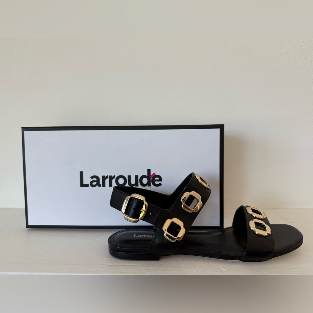 Larroude Milan Flat Sandals in Black Leather